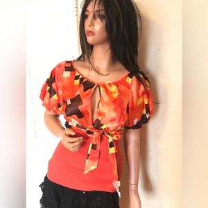 Bebe bright orange, yellow, white & brown abstract design top w/tie belt. Sz M.